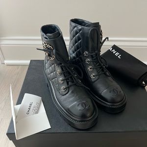 Chanel Chain CC Quilted Leather Lace Up Combat Boots 35.5, Black